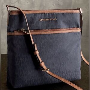 NWT Michael Kors Kempton Nylon Blk Monog Brn LeatherTrim Crossbody Messenger Bag